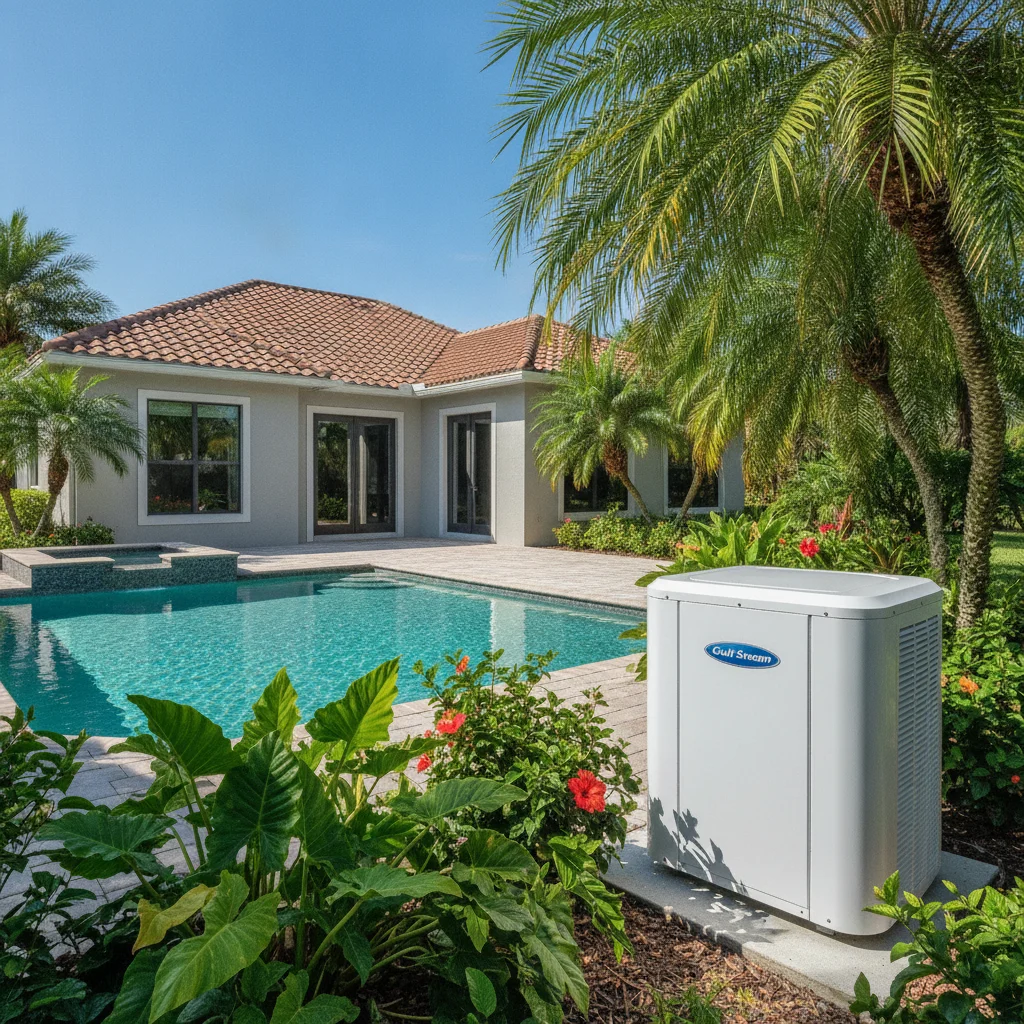A modern, energy-efficient Gulf Stream pool heat pump installed beside a sparkling residential swimming pool in Parkland, FL. The unit is clean and well-maintained, surrounded by lush, tropical landscaping under a clear blue sky. No text on image, no people.