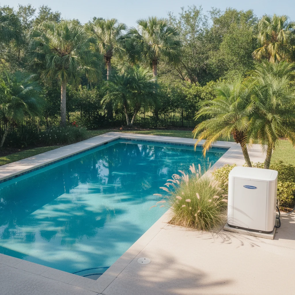 Sunny outdoor swimming pool in Parkland, Florida, with a modern, sleek Gulf Stream pool heat pump visible nearby, integrated cleanly into the landscape. Bright blue water, lush green foliage, clear sky. High-angle shot, no text, no people.
